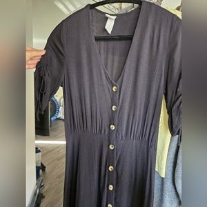 Black Button Up V-neck Mini Dress